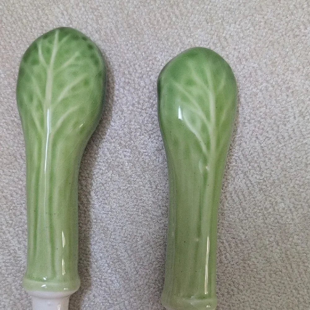 Green and White Ceramic Cabbage Handle Salad Servers